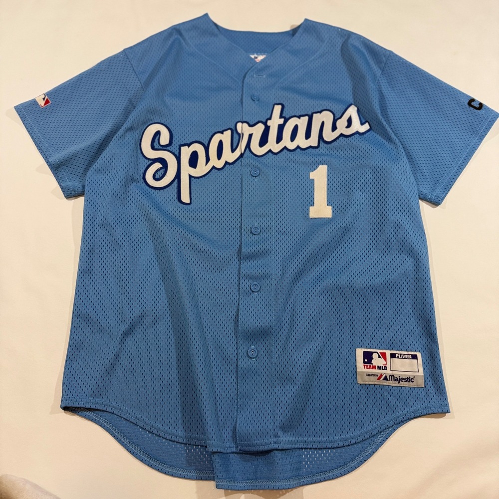Vintage 90s Majestic Baseball Jersey Men L Blue Good Spartans 1 Mesh USA Made